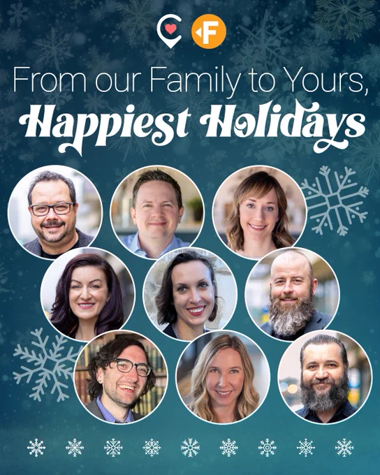 Text: From our Family to Yours, Happiest Holidays. Image: photos of the people who are part of our Team