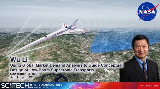 A smiling man in a suit is in front of an artist's conception of a sleek, white, low-boom aircraft flying over land. 