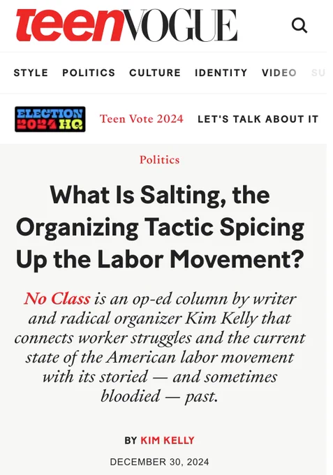 Screenshot of teen Vogue article: What Is Salting, the Organizing Tactic Spicing Up the Labor Movement?
No Class is an op-ed column by writer and radical organizer Kim Kelly that connects worker struggles and the current state of the American labor movement with its storied — and sometimes bloodied — past.
BY KIM KELLY
DECEMBER 30, 2024