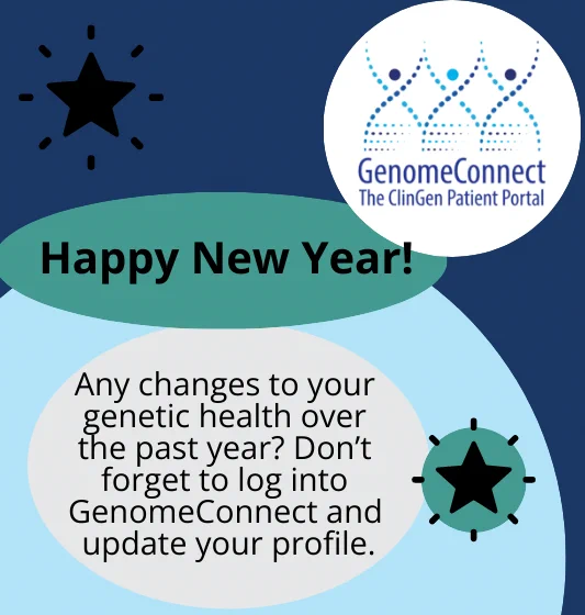 Graphic with various size circles in colors of white, grey, light blue, and green. Upper left circle contains the GenomeConnect icon and middle circles read "Happy New Year! Any changes to your genetic health over the past year? Don't forget to log into your GenomeConnect and update your profile. 