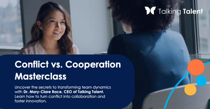Two women smiling at work, discussing a situation that resolves in cooperation. The image showcases the power of transforming team dynamics through a Masterclass provided by Talking Talent's CEO. 
