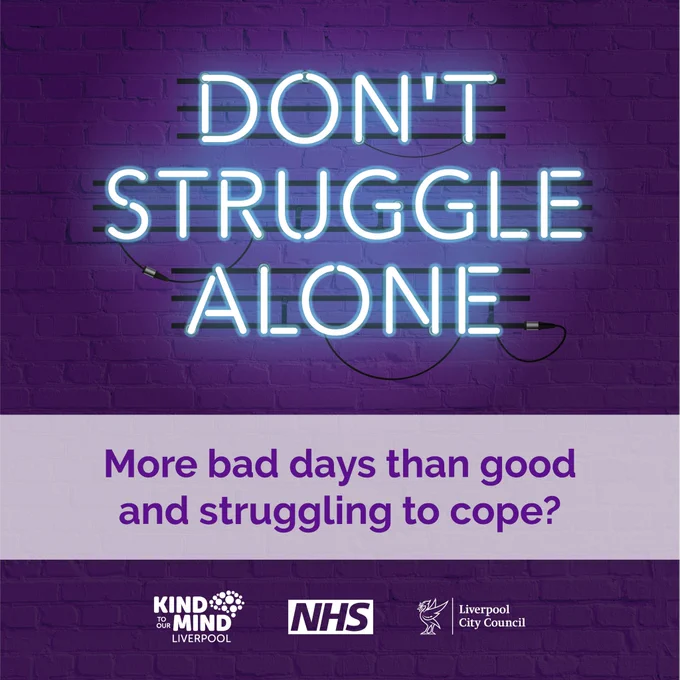 Image with an brick wall and a light reading:

Don't struggle alone - More bad days than good and struggling to cope.
