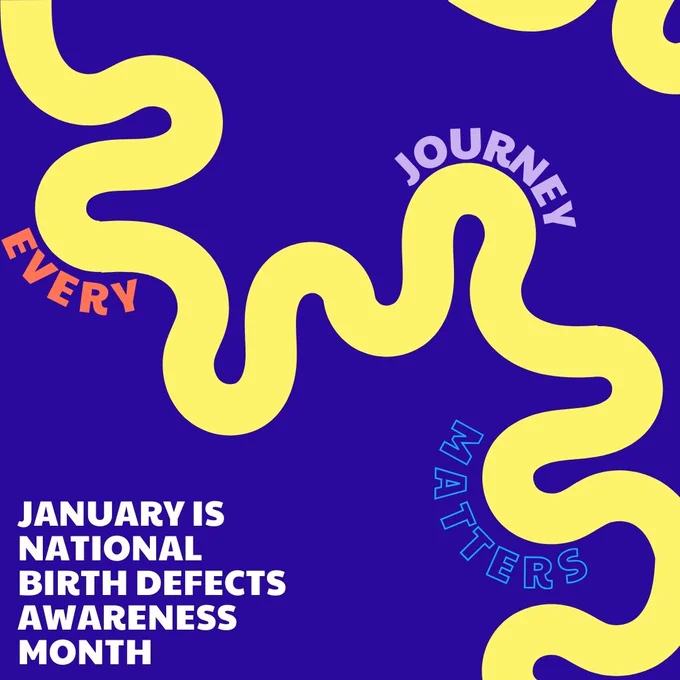 Yellow winding path over a navy background with text that states "Every Journey Matters". January is National Birth Defects Awareness Month.