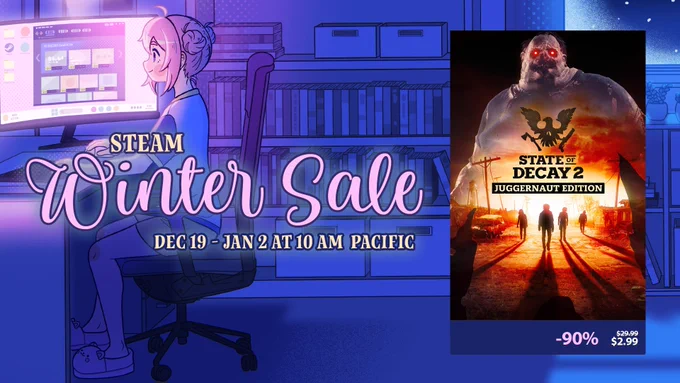 Promotional image for the Steam Winter Sale, featuring a character sitting at a computer with sale dates from Dec 19 to Jan 2. Includes an advertisement for 'State of Decay 2: Juggernaut Edition' showing a menacing figure and a fiery background, available for $2.99, marked down by 90%.
