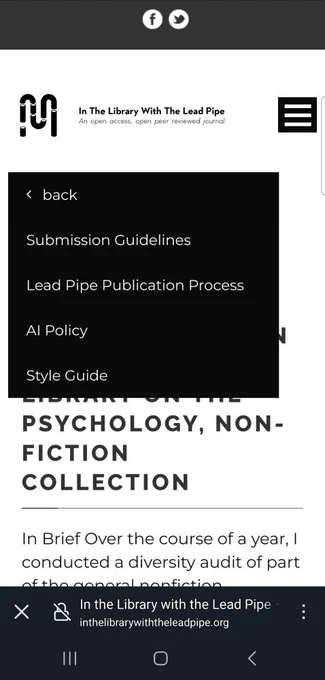 In the Library with the Lead Pipe home page showing a dropdown menu with pages describing the submission guidelines, publication process, AI policy, and style guide
