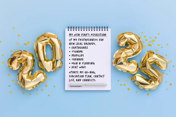 Note pad of new years resolution plan with 2025 gold ballons surrounding not pad