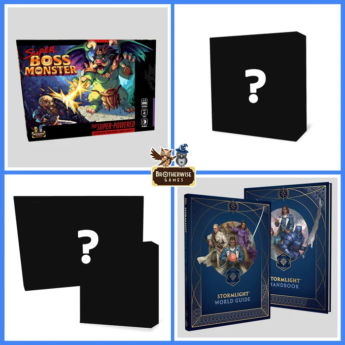 Brotherwise Games logo with 4 quadrants around it. Each quadrant has a game, or a preview of what's next! Super Boss Monster, and the Cosmere RPG are in 2 quadrants. The other 2 quadrants have blacked out boxes with question marks in the middle.