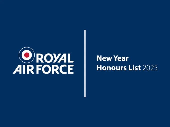 Blue background with Royal Air Force logo accompanied by text saying New Year Honours List 2025.