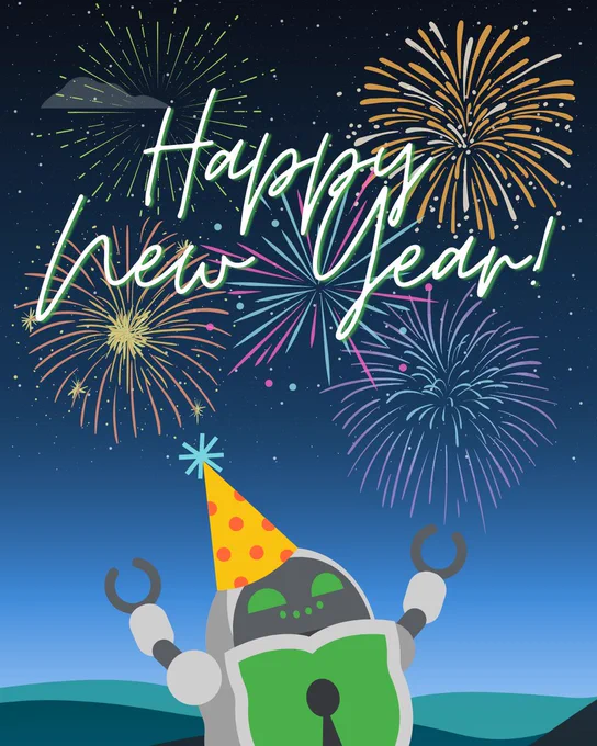 Illustration of a cheerful robot with a green shield on its chest, wearing a yellow party hat with orange dots. The robot is raising its arms in celebration against a dark night sky lit up with colorful fireworks. Above the robot, the text "Happy New Year!" is written in glowing, handwritten-style font. The scene conveys a festive and joyful atmosphere to welcome the new year.