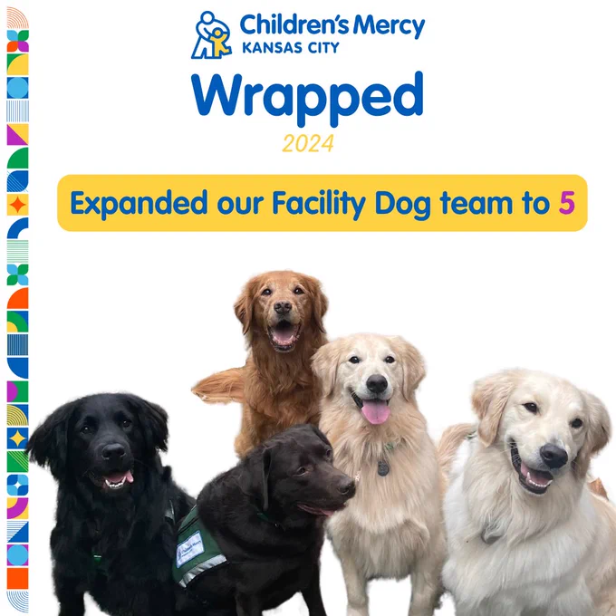 Promotional image for Children’s Mercy Kansas City 2024, featuring five diverse dogs smiling at the camera, celebrating the expansion of their Facility Dog team to five members.