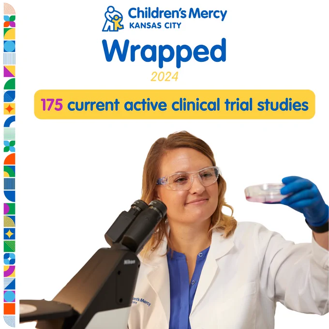 Researcher at Children's Mercy Kansas City Lab examining a test tube next to a microscope, with text stating '175 current active clinical trial studies' for 2024.