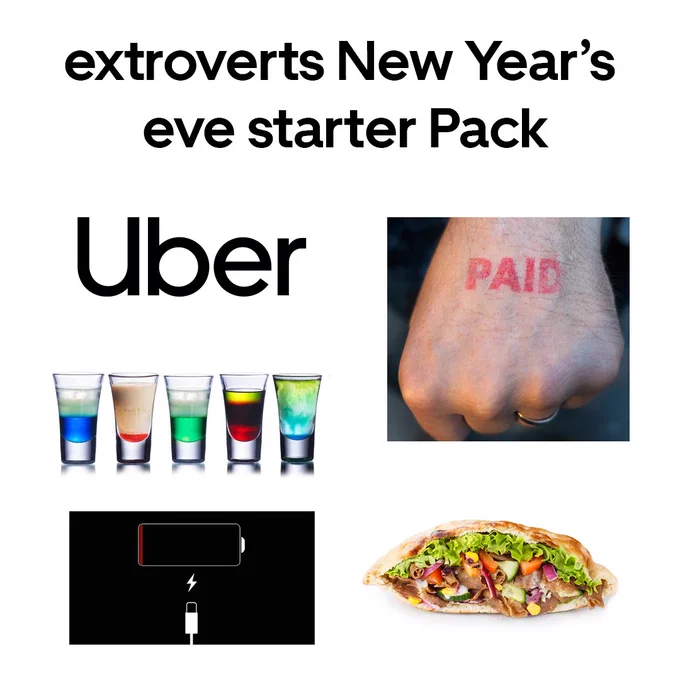 Meme that says starter pack with an Uber logo, a handstamp for a club, a low battery screenshot, a kebab and some shots