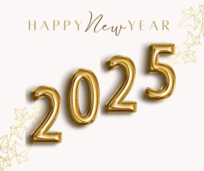A pale pink background with a gold ivy design. The text wishes you a happy new year with 4 gold balloons in the shape of 2025