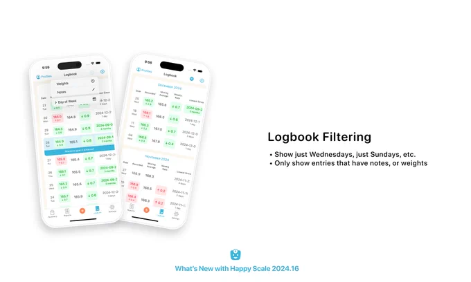 Two screenshots of the Happy Scale app that demonstrate a new feature.

The caption reads:

Logbook Filtering

﻿﻿Show just Wednesdays, just Sundays, etc.
﻿﻿
Only show entries that have notes, or weights