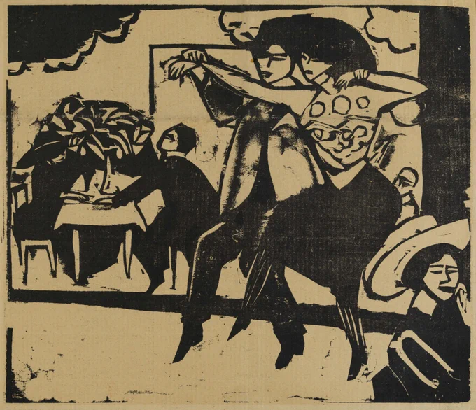 A black ink, woodcut print on brown newsprint paper. A couple are dancing in a bar. Behind them, a group of people are sitting around a table.