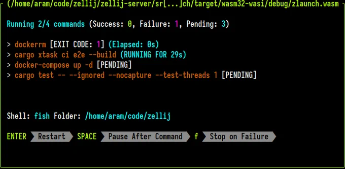 A Zellij plugin called "zlaunch" demonstrating commands run sequentially in separate interactive terminals.
