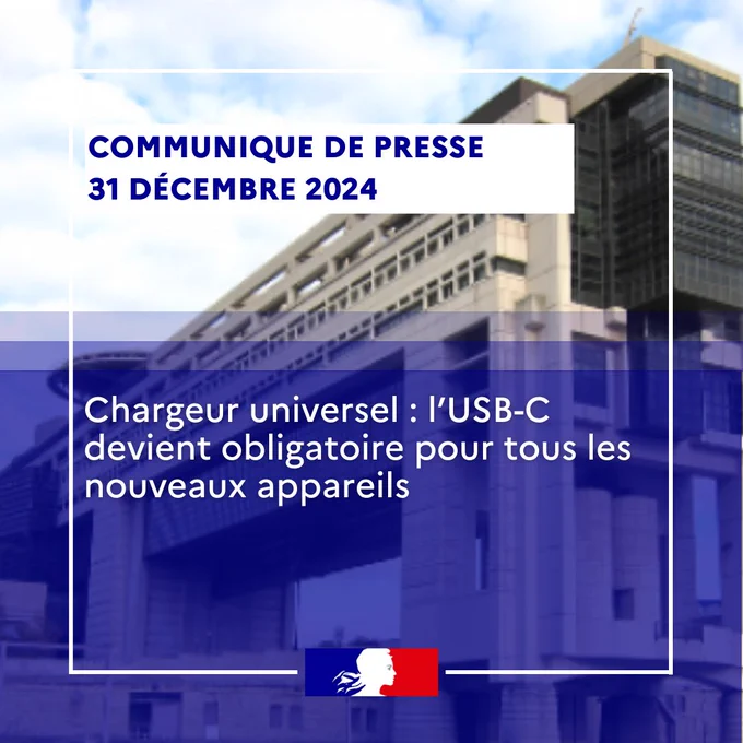 COMMUNIQUE DE PRESSE
31 DÉCEMBRE 2024
Chargeur universel : l’USB-C devient obligatoire pour tous les nouveaux appareils