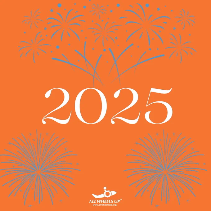 Image of 2025 New Year’s Eve graphic with an orange background and blue fireworks surrounding “2025” written in white above the white All Wheels Up logo.