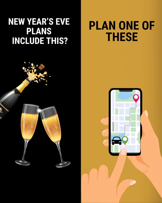 Promotional image contrasting two New Year's Eve plans: on the left, a bottle of champagne being poured into two glasses; on the right, a hand holding a smartphone displaying a map with a route and a car icon.