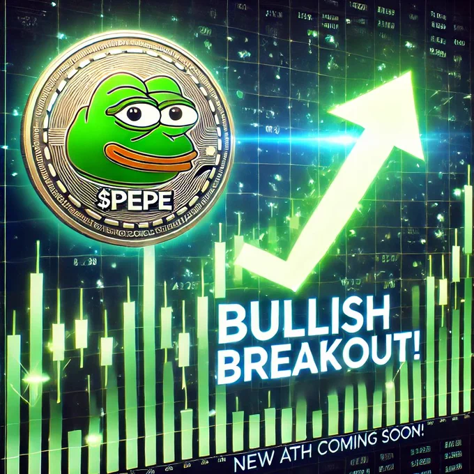 An image showcasing a cryptocurrency trading chart with green candlesticks moving upward, symbolizing a bullish breakout. A glowing upward arrow reinforces the growth trend. The $PEPE memecoin logo is subtly displayed in the background. Bold, modern text reads ‘Bullish Breakout!’ and ‘New ATH Coming Soon!’ The design uses sleek, futuristic aesthetics with a focus on crypto trading visuals.