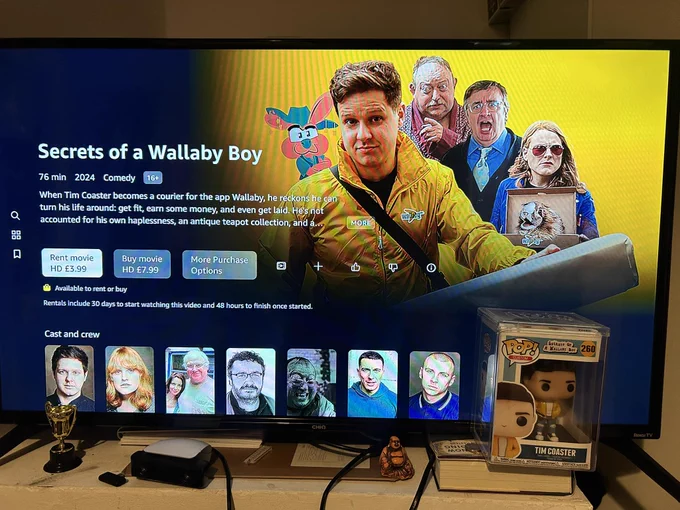 Photo of Secrets of a Wallaby Boy’s page on Prime Video, on a TV screen, with a Tim Coaster Funko Pop in front.