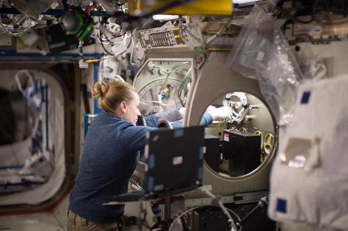 Iss049e002644 (2016-09-13) — NASA astronaut Kate Rubins installs an experiment inside a glovebox.