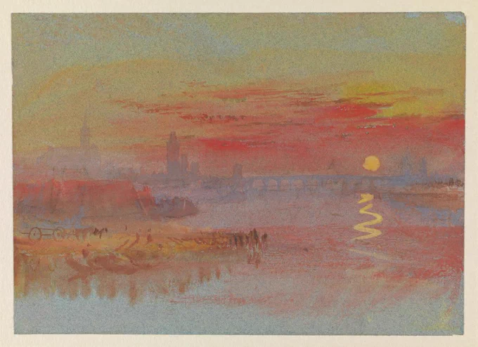 A watercolour painting depicting a sunset over a river with a reflective shimmering path on the water. There is a distant skyline with bridges and buildings under a vibrant, multicoloured sky.