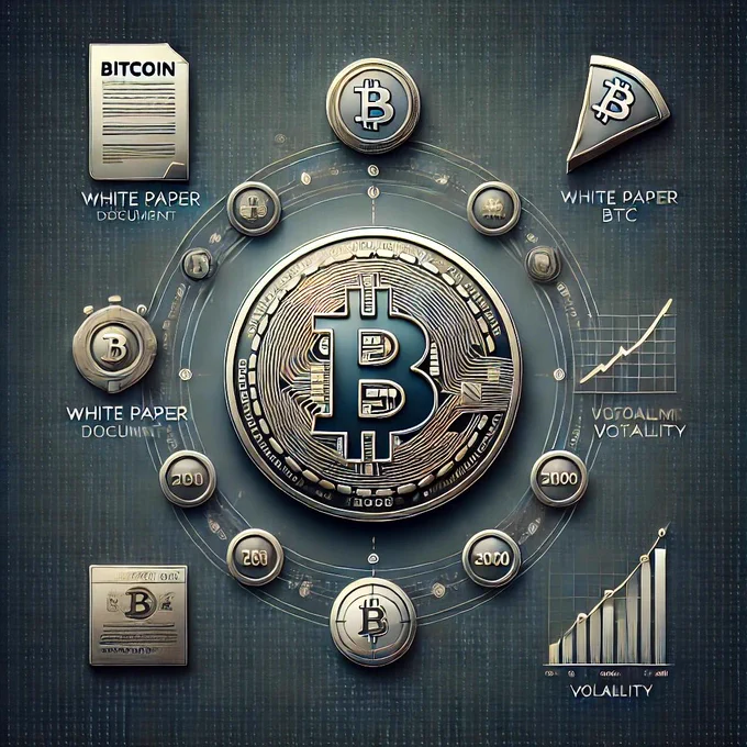Professional Bitcoin illustration with a polished Bitcoin logo at the center, surrounded by key milestones: a white paper symbolizing its origin, a pizza slice labeled ‘10,000 BTC’ representing the first Bitcoin transaction, a financial graph highlighting price volatility, and the year ‘2009’ marking its genesis. Dark gradient background with subtle blockchain patterns enhances the modern, minimalist design. Ideal for Bitcoin history, cryptocurrency milestones, and blockchain-related content.