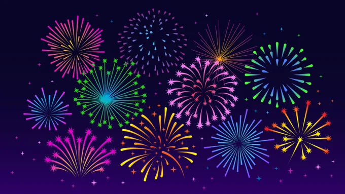 Colourful fireworks in the night sky, featuring bursts in various vibrant colours like pink, green, blue, yellow, and orange, with small stars scattered throughout the background.