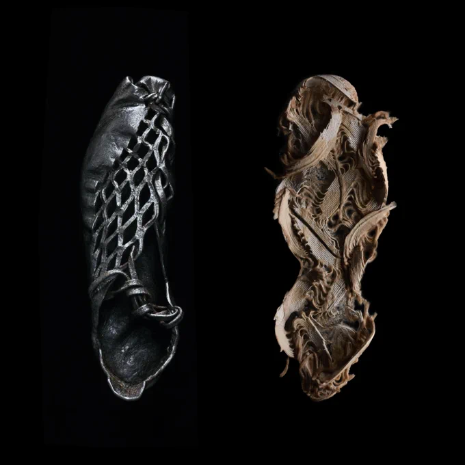 A Roman sandal from circa 400 CE (left) next to the  Oᵒ shoe (OXMAN, 2024.) 