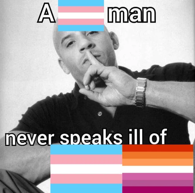 meme captioned "a [trans flag] man never speaks ill of [trans flag] [lesbian flag]", meant to be read as "a trans man never speaks ill of trans lesbians"