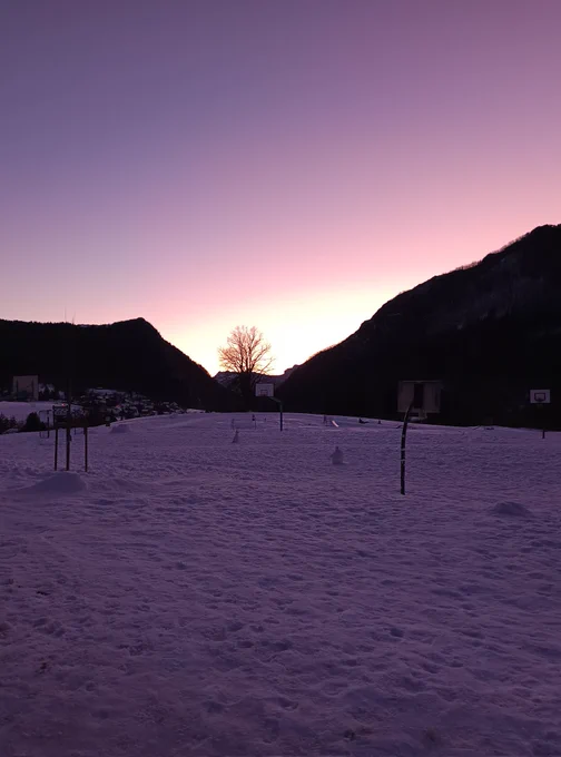 Paysage enneigé avec la silhouette d'un arbre entre deux montagnes et le coucher de soleil 