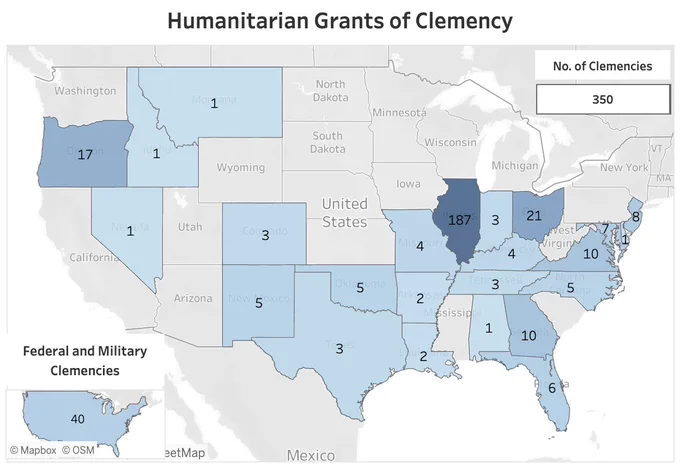 DPIC map of U.S. grants of death-penalty clemency.