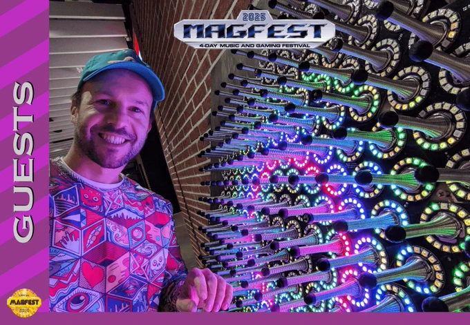 A photo of Robin Baumgarten is displayed. They are seen with one of their hardware installations which features bright lights and door stopper springs.