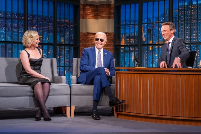 President Joe Biden makes an appearance on “Late Night with Seth Meyers” with host Seth Meyers and guest Amy Poehler, in New York City.