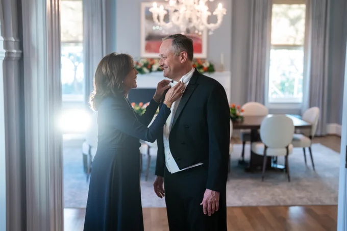 Vice President Kamala Harris and Second Gentleman Doug Emhoff prepare to pose for official portraits at the Vice President’s Residence before attending the Gridiron Club and Foundation Dinner, in Washington, D.C. 