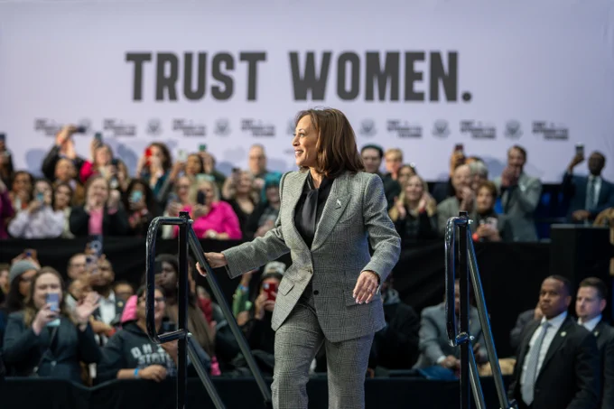 Vice President Kamala Harris walks onstage to speak at the kickoff for the Reproductive Freedoms Tour, in Big Bend, Wisconsin. 