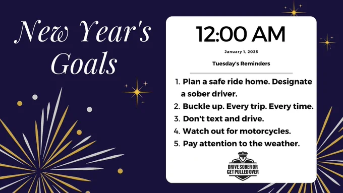 New Year's Goals

 Plan a safe ride home. Designate a sober driver.
 Buckle up. Every trip. Every time.
 Don't text and drive.
 Watch out for motorcycles.
 Pay attention to the weather.
