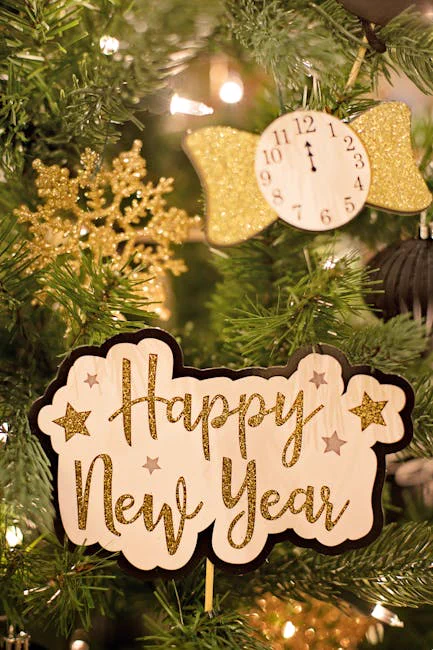 Close-up of a beautiful New Year sign with festive Christmas decorations.