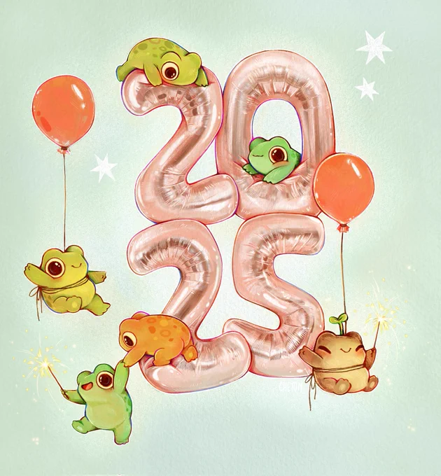 whimsical frog illustration happy new year 2025 by chetom