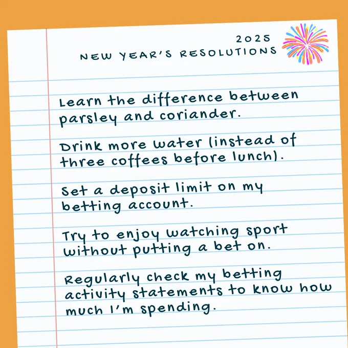 A colourful poster displaying New Year's resolutions to manage gambling habits.