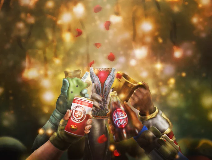 A big “CHEERS!” moment from various Xbox characters, with the clinking of different drinks related to their respective games. From left to right: a Starfield Astronaut with an Alien Boba Tea; a Call of Duty: Black Ops 6 operator with a Juggernog Can; Diablo IV’s Lilith with a Blood Petals drink; a Fallout Vault Dweller with a Nuka Cola; and a Sea of Thieves pirate with a grog tankard.