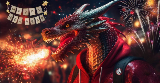 An AI-generated image of a hoodie-clad dragon using its fire breath to light fireworks. The old Trimarc logo is in the eye of the dragon, and the new Trimarc logo is a patch on the dragon's backpack strap. In the upper left is a sign that says "Happy New Year." There are fireworks in the background.