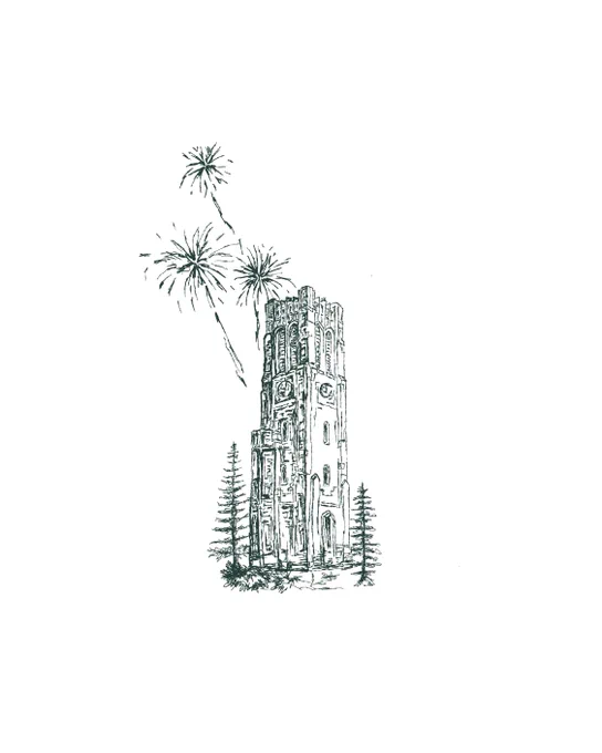 Illustration of Beaumont Tower with fireworks overhead 