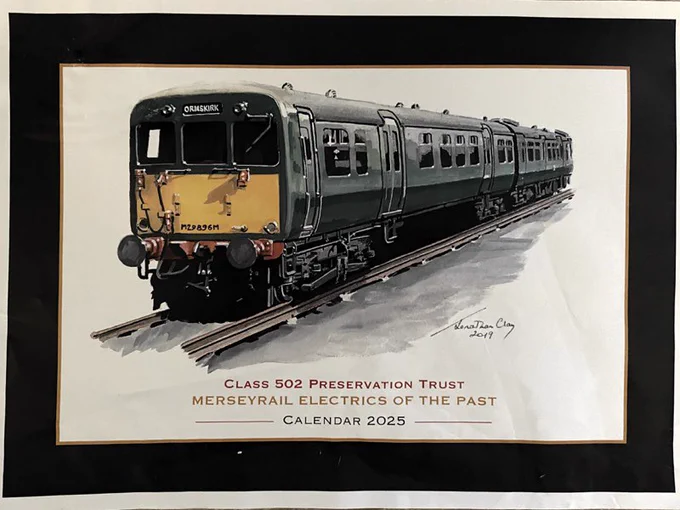 Cover of “Merseyrail Electrics of the Past” calendar with an illustration of a 502 in BR green