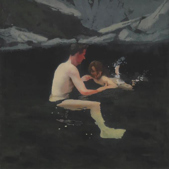 A painting of two people in shallow water with a mountain landscape in the background. The adult in the artwork is teaching the young child to swim.
