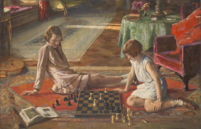 A painting of two children are playing chess on a colourful rug in a warmly lit room filled with elegant furniture and floral decorations. The setting looks serene, with one child thoughtfully making a move, while the other watches intently.