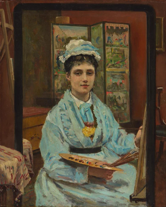 A portrait of an artist with a palette and brushes, seated by an easel in a studio, featuring a backdrop of a cabinet displaying china. The artist wears a blue robe and white headscarf.