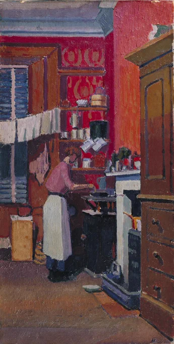 A painting of an interior showing a vibrant kitchen with a person cooking by a stove with kitchenware and furniture around.