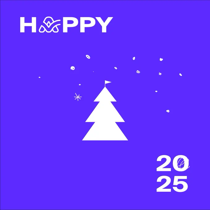 Happy 2025, with a Christmas tree in the middle and a bluish background